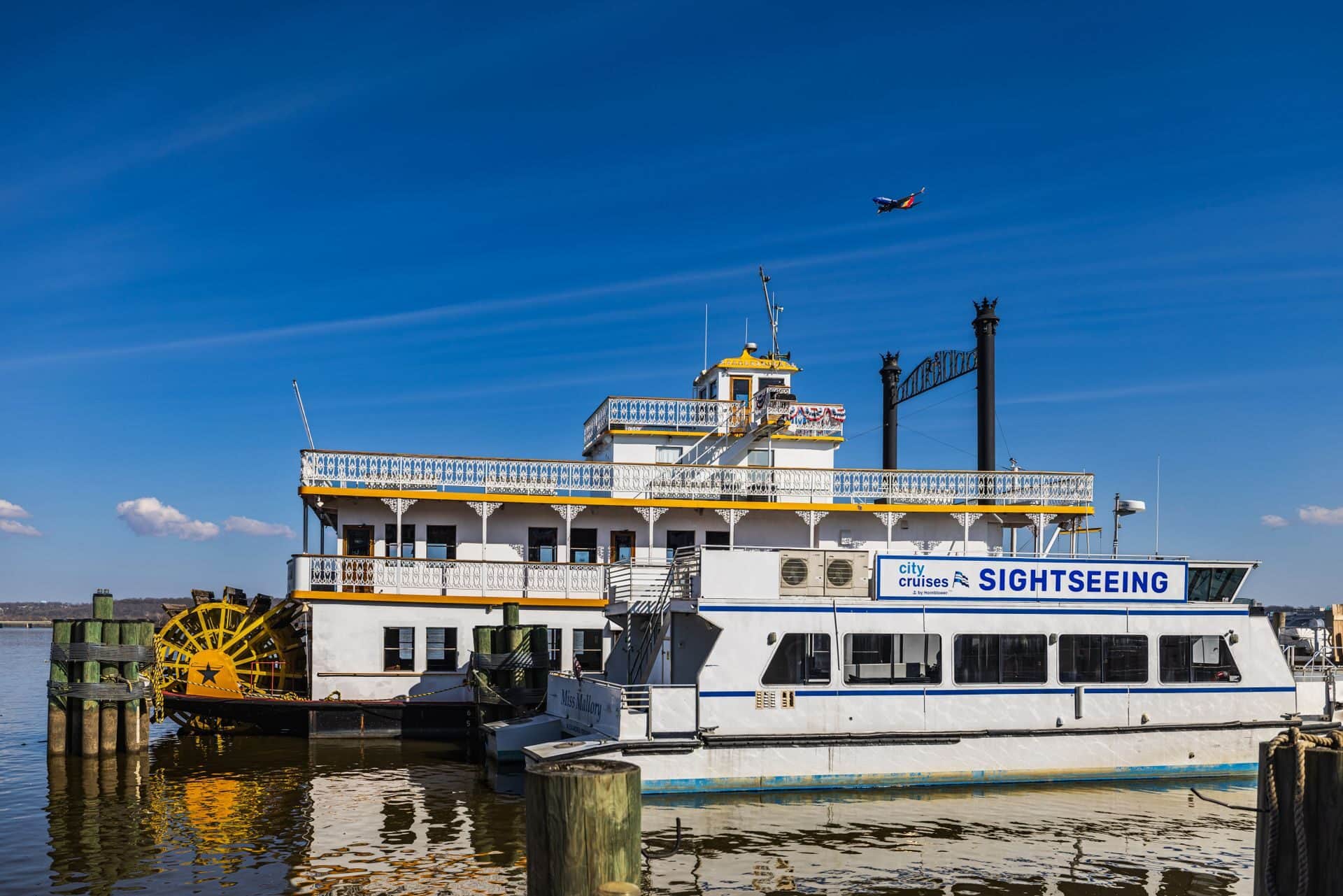 A paddle-wheel sightseeing boat docked on the Potomac at the Old Town Alexandria waterfront, Alexandria, VA