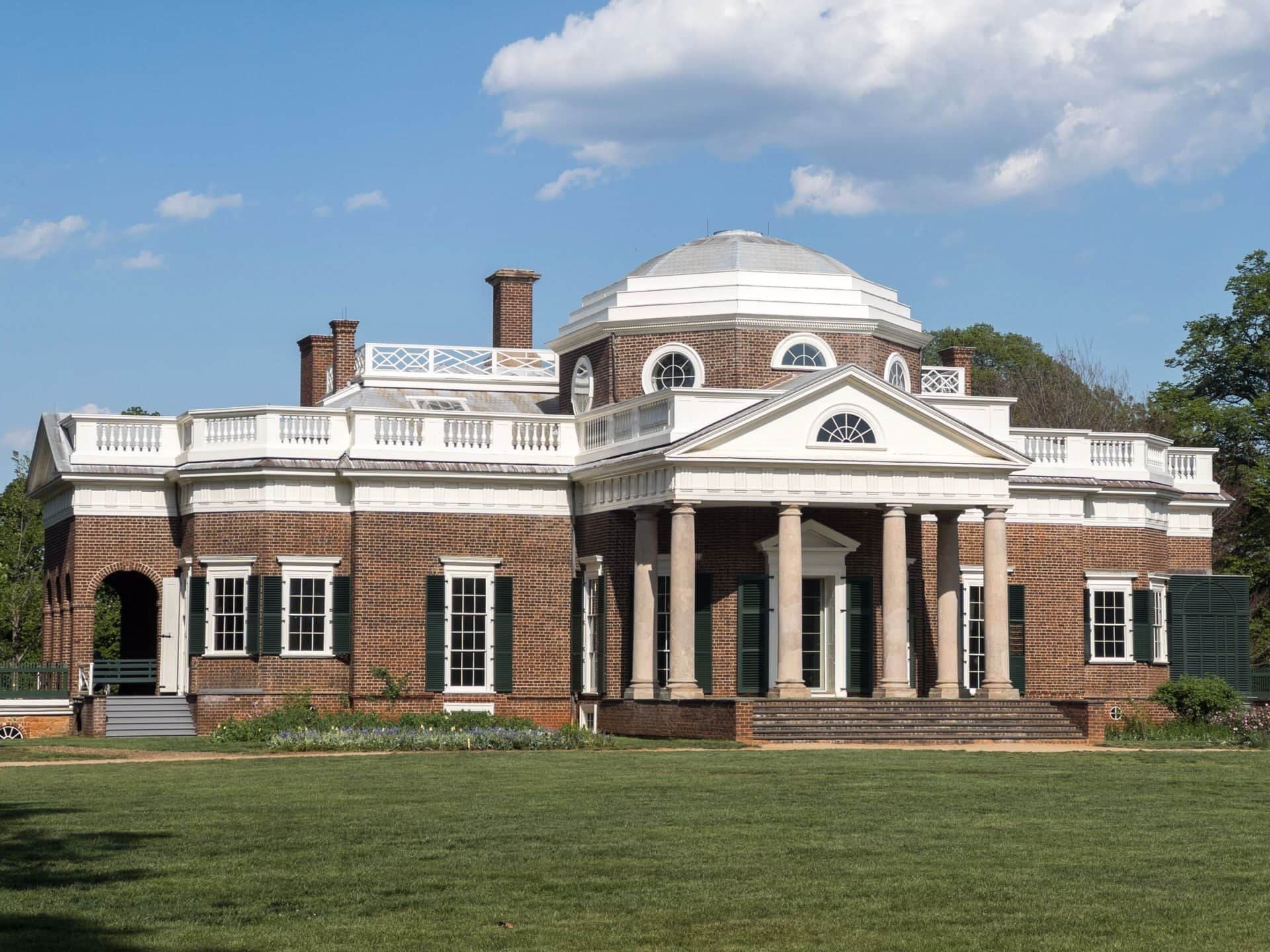 Monticello's domed west front above its lawn, just outside Charlottesville, VA