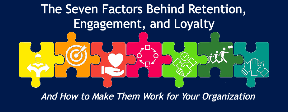 Seven colorful puzzle pieces each with an icon representing workplace factors