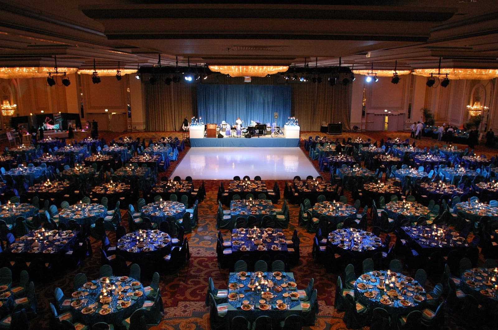 The Hilton Chicago's International Ballroom set with banquet rounds and a dance floor, Chicago, IL