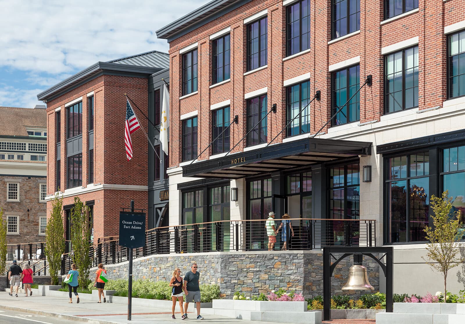 The brick front and entrance of Hammetts Hotel on Commercial Wharf, Newport, RI