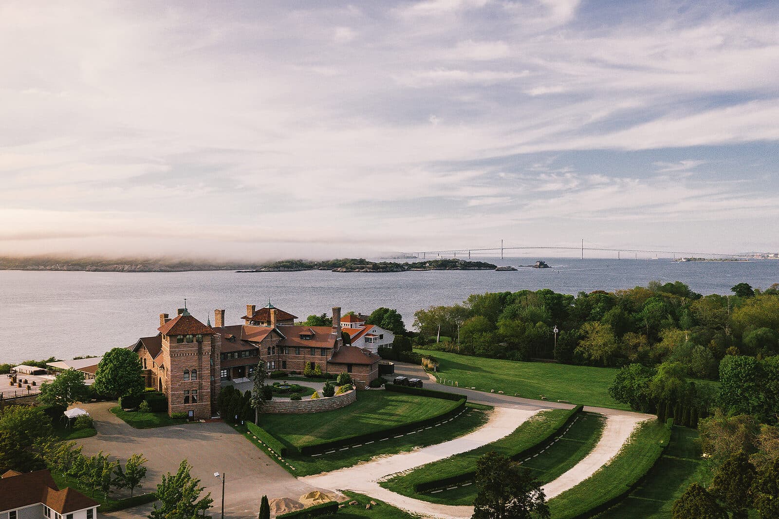 The OceanCliff mansion and terraced lawns above Narragansett Bay, seen from the air