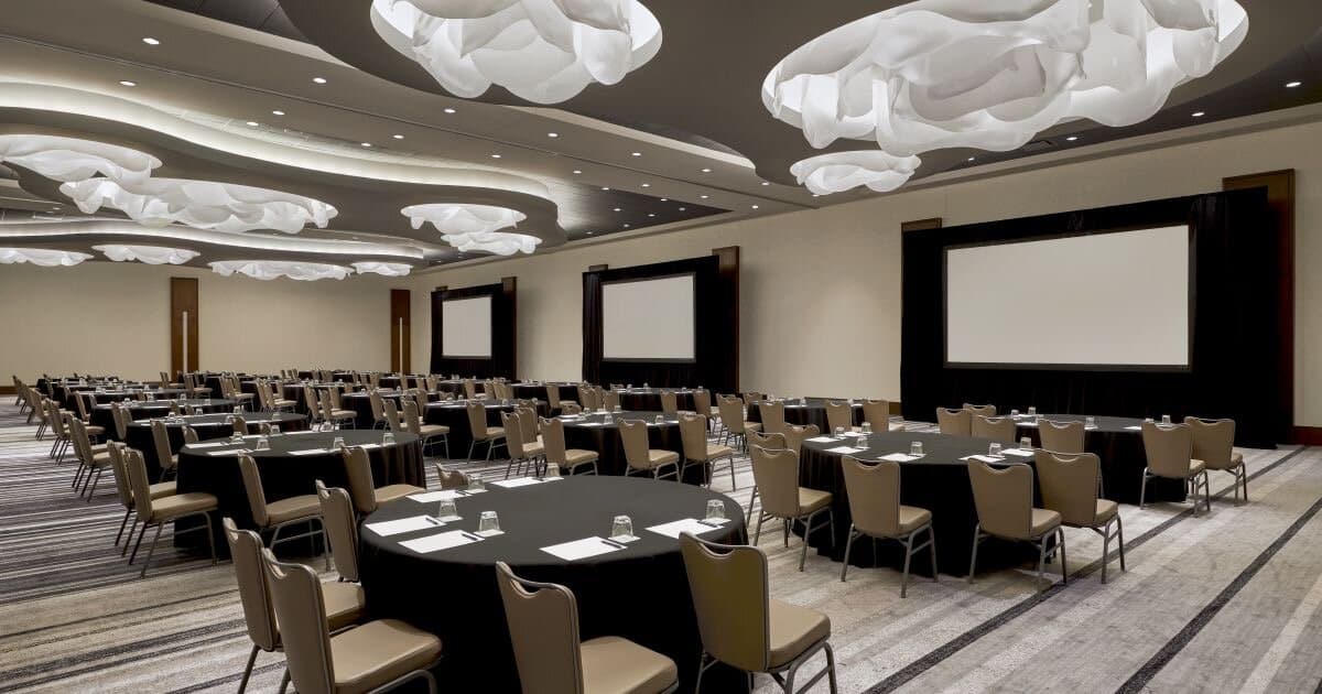 Loews Chicago O'Hare's Guggenheim Ballroom set with round tables and screens, Rosemont, IL