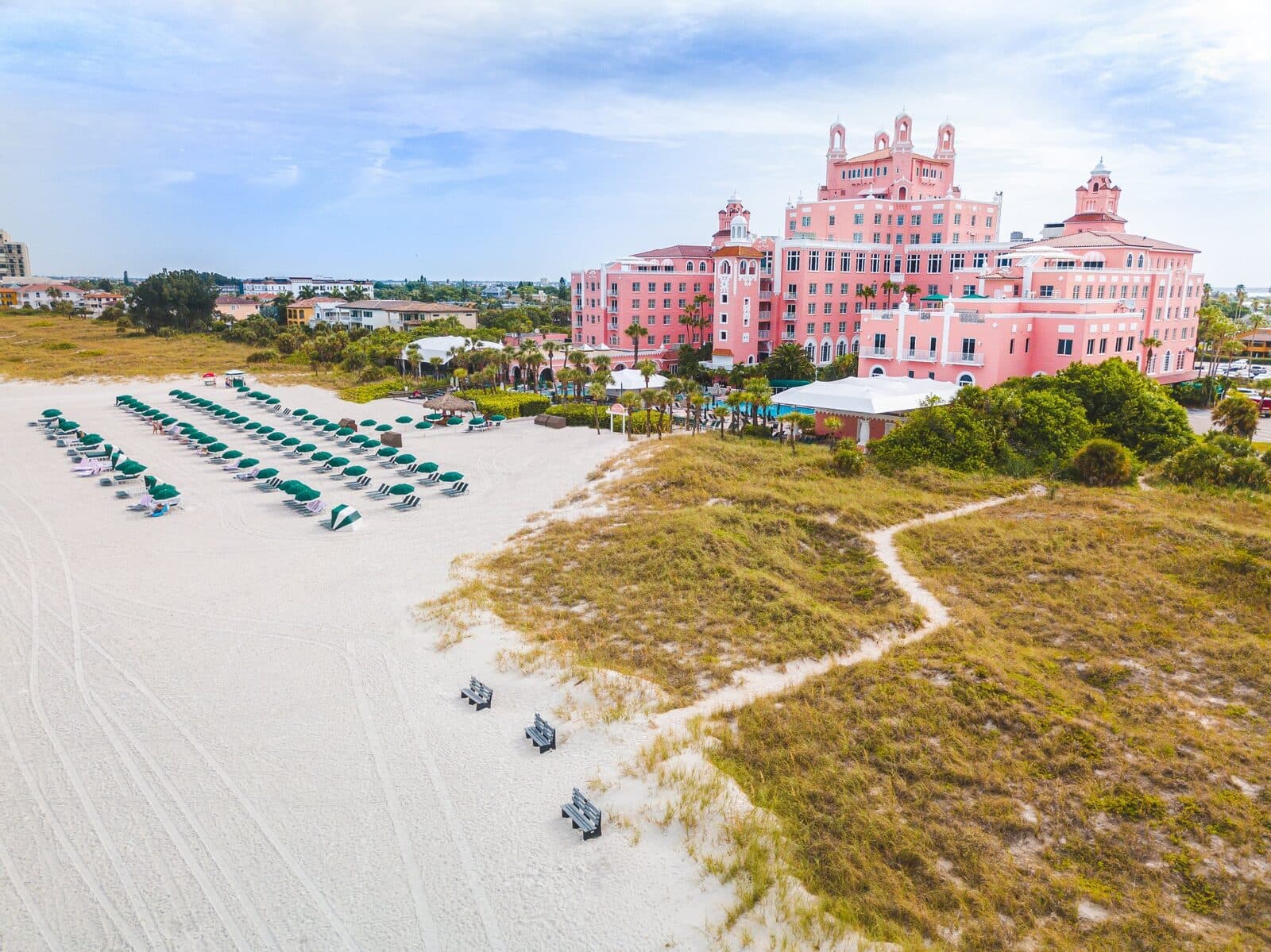 The Don CeSar's pink towers above its beach and dunes on the Gulf, St. Pete Beach, FL