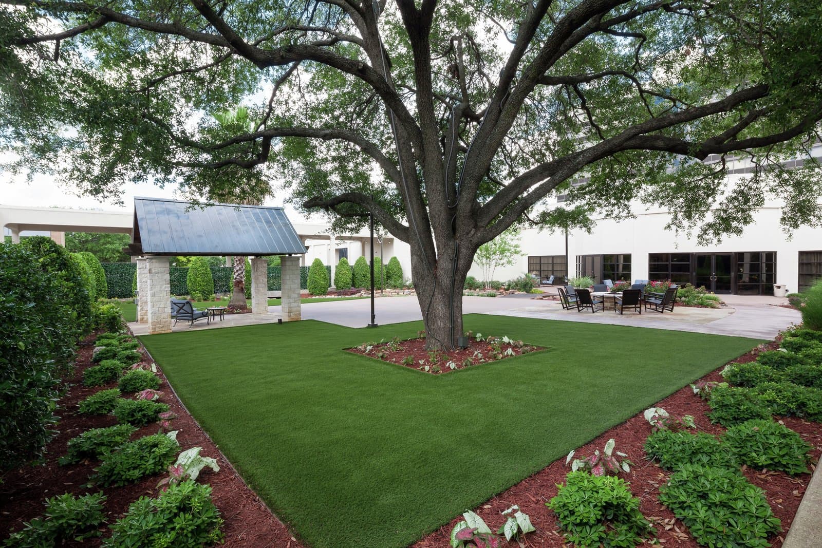 Rivers Courtyard lawn under a large live oak with a stone pavilion at Hilton Waco in Waco, Texas