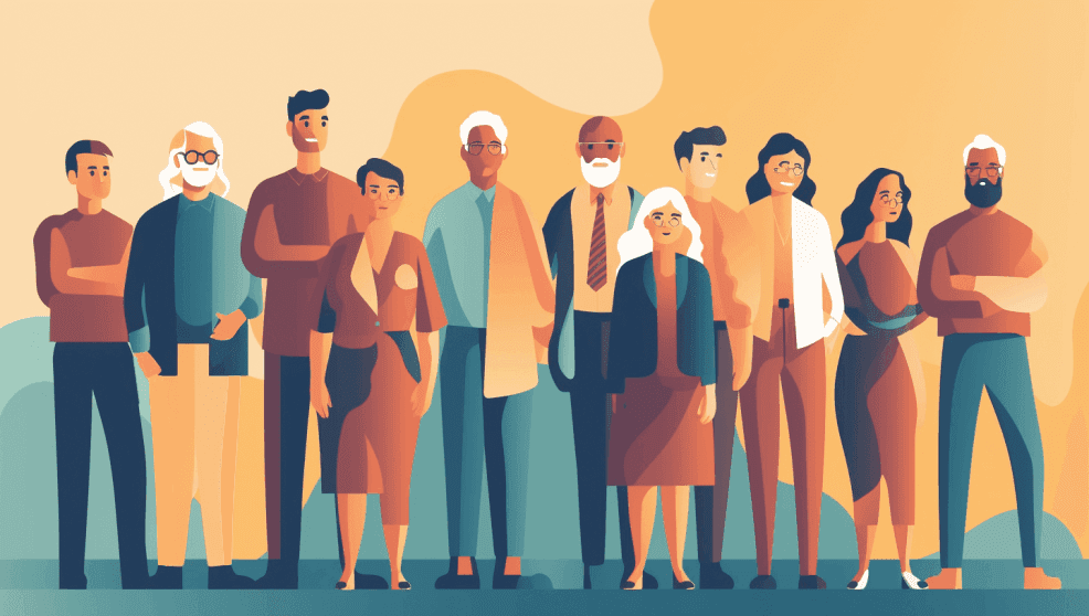 Illustration of a diverse group of people spanning multiple generations standing together