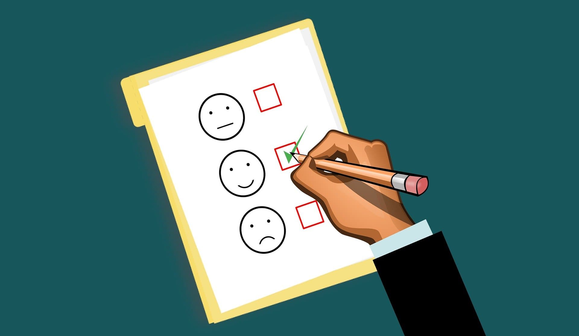 Illustration of a hand marking a smiley-face box on a survey form