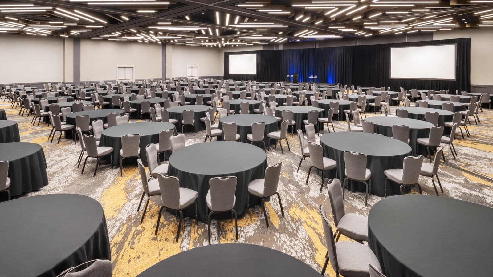 Hyatt Regency McCormick Place's Regency Ballroom set with banquet rounds, Chicago, IL