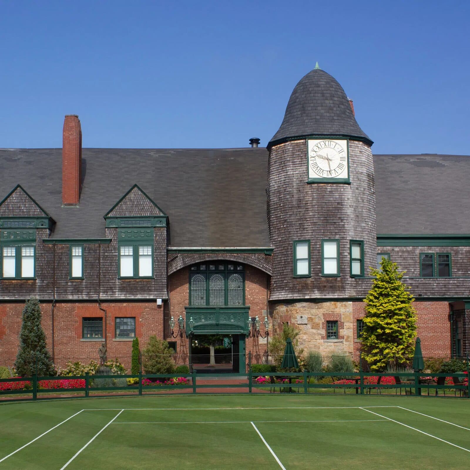 The Newport Casino clock tower above the grass court at the International Tennis Hall of Fame
