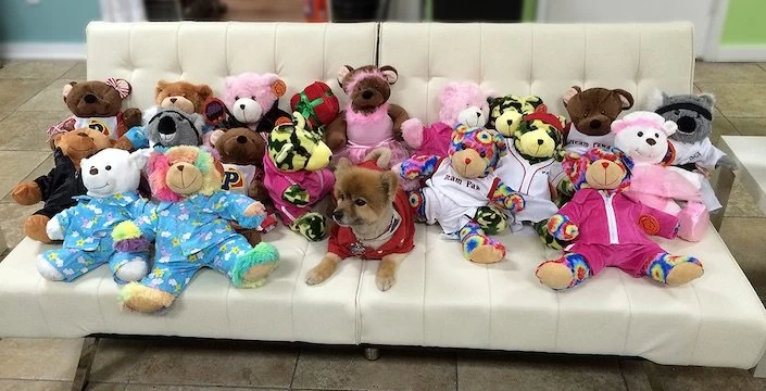 A group of stuffed animals sitting on a couch.