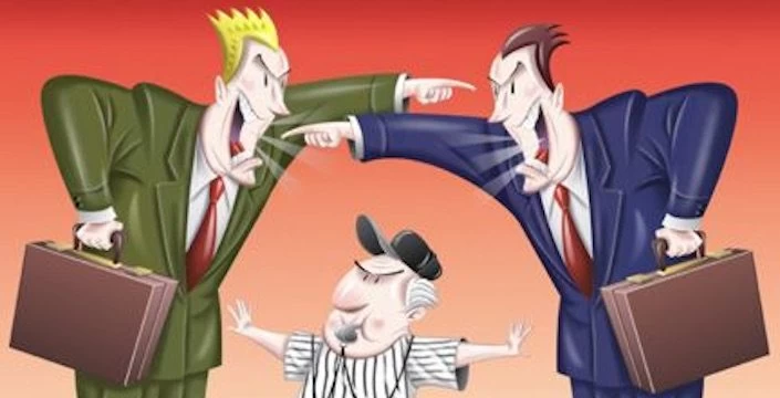 A cartoon of two businessmen fighting over a child.