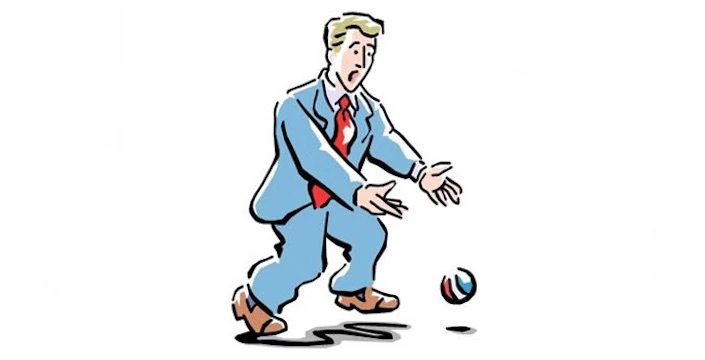 A fun cartoon of a businessman playing a team building game with a ball.