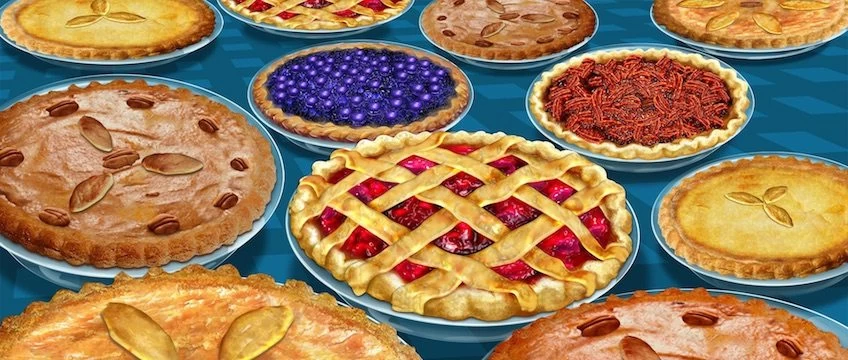 A variety of pies are shown on a blue background.