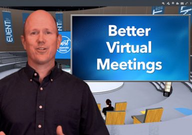 A man standing in front of a screen that says better virtual meetings.