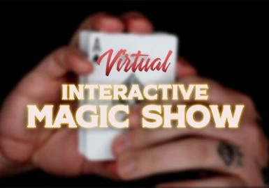A man holding a card with the words virtual interactive magic show.
