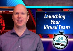 A man standing in front of a television with the words launching your virtual team.