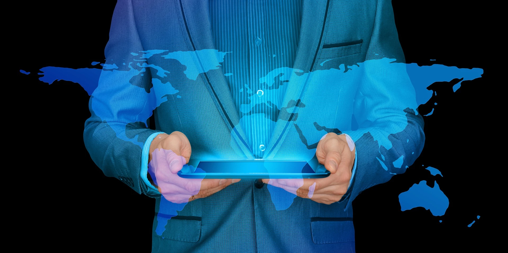 A businessman holding a tablet displaying the future of virtual events on a world map.