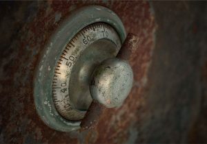 An old rusted lock on a rusty door.