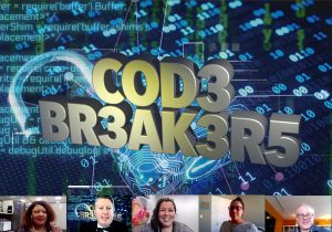 A group of people in front of a computer screen with the words cod3 break3r5.
