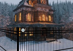 A victorian house with a fence in the snow.
