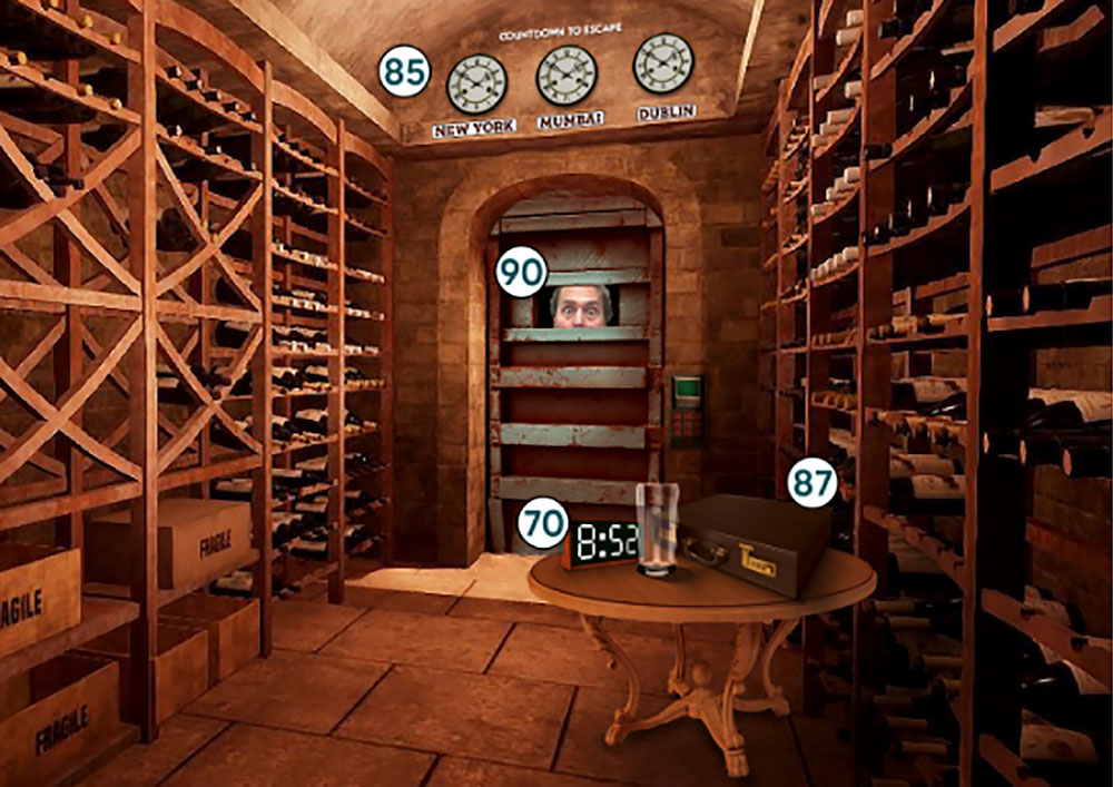 A wine cellar with many bottles and a clock.