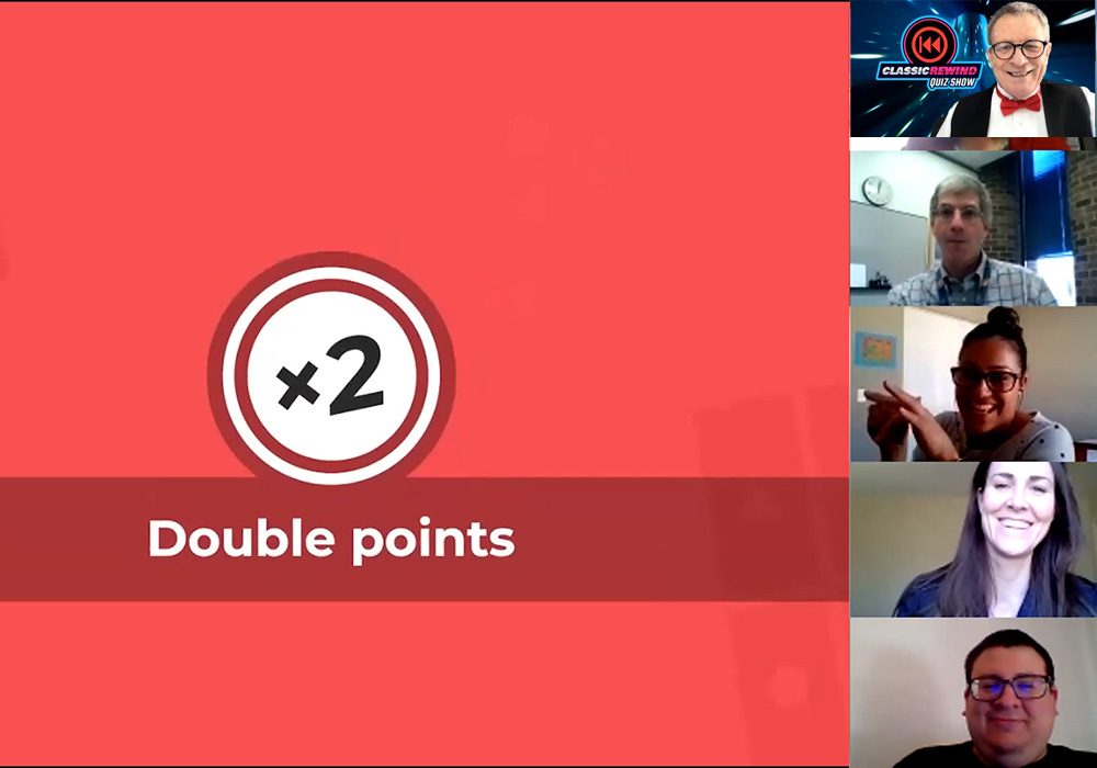 A group of people in a video conference with the words double points.