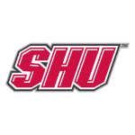 A red and white logo with the word shu.
