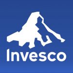 The invesco logo on a blue background.