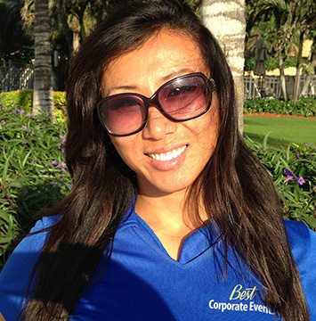 A woman wearing sunglasses and a blue shirt.