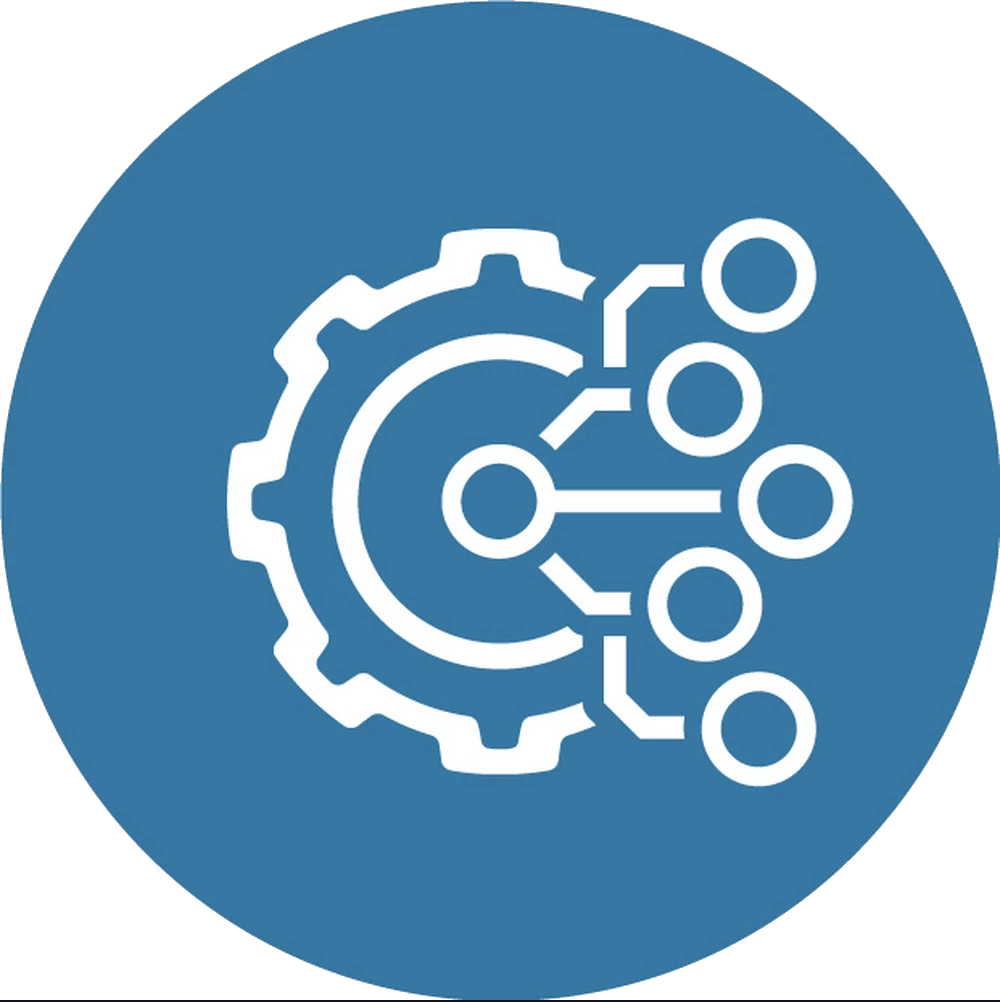 A gear icon in a blue circle.