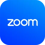 Zoom logo on a blue square.