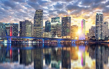Miami city skyline at sunset.