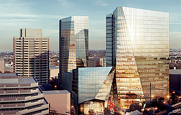 An artist's rendering of a skyscraper in a city.