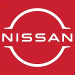 The nissan logo on a red background.