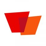 A red and orange logo on a white background.