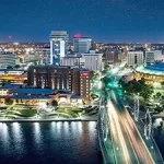 An enchanting aerial view of a city at night, creating the perfect backdrop for team building activities in Wichita.