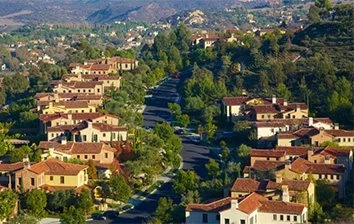 An aerial view of a neighborhood in Los Angeles featuring Santa Ana team building activities.