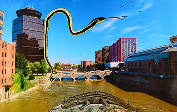 A painting of a snake in a river with buildings in the background.