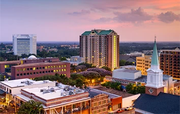An aerial view of a city at dusk, ideal for team building in Tallahassee.
