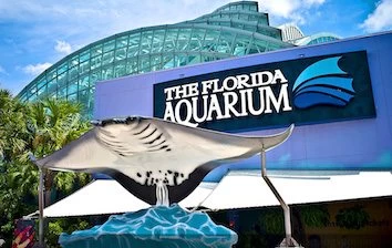 A statue of a stingray in front of the Florida Aquarium, available for corporate events in Tampa, FL.