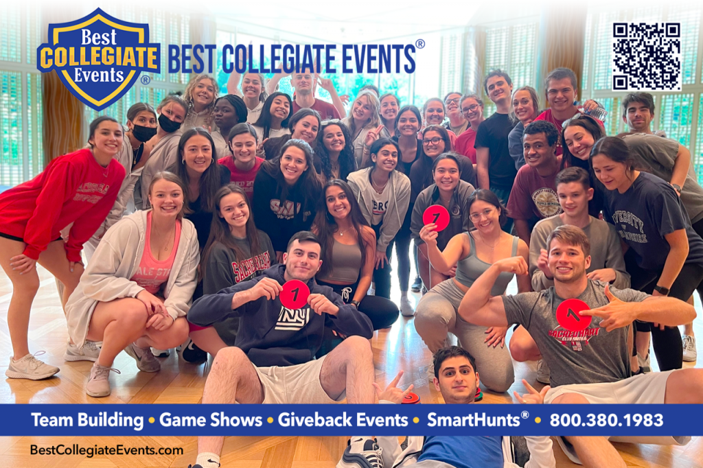 A corporate team building group posing for a photo with the words best college events.