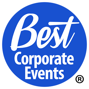 The best corporate events logo on a blue background.