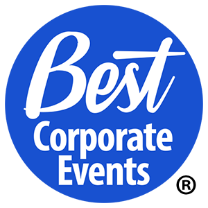 The best corporate events logo on a blue background.