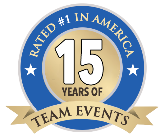 Circular badge with the text "Rated #1 in America, 15 Years of Team Events," featuring stars and a gold banner.