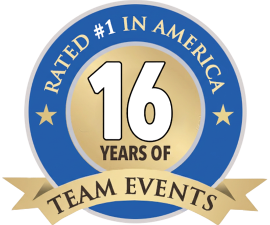 A blue and gold badge reads "Rated #1 in America, 16 Years of Team Events" with a ribbon banner at the bottom.