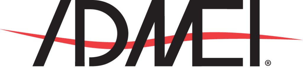 Logo featuring the letters "ADMEI" in black with a red swoosh crossing through.