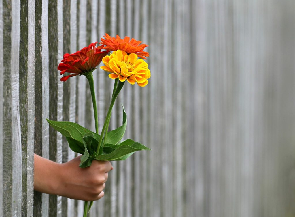 A person holding a bouquet of flowers against a fence, exemplifying the essential notion of Corporate Social Responsibility.