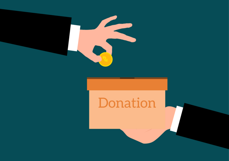 Two hands providing a donation coin to a box with the word donation, highlighting the benefits of corporate social responsibility.