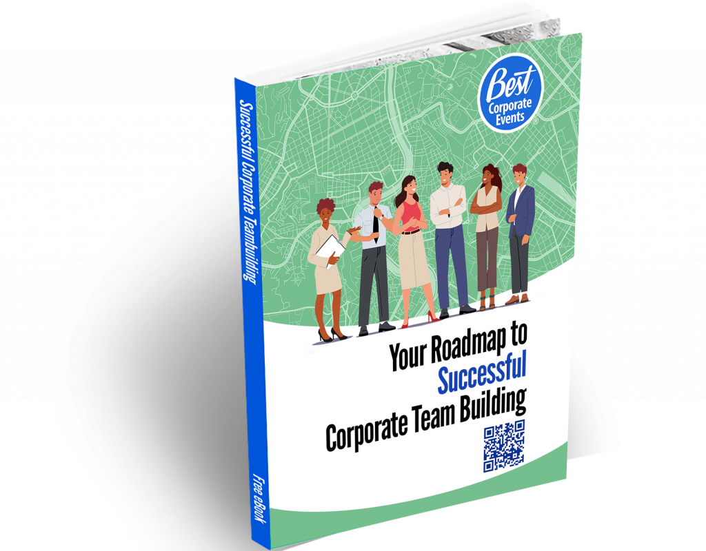A book cover titled "your roadmap to successful corporate team building" featuring an illustration of a group of professionals engaged in a discussion.