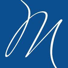 A white, stylized letter "m" on a blue background.